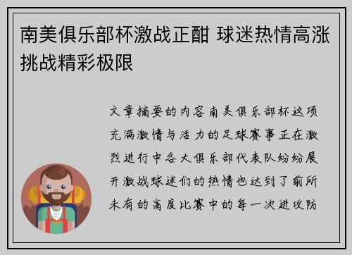 南美俱乐部杯激战正酣 球迷热情高涨挑战精彩极限
