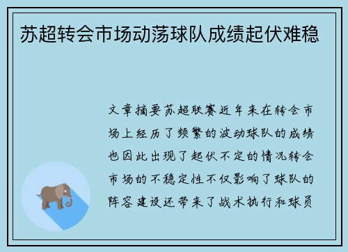 苏超转会市场动荡球队成绩起伏难稳